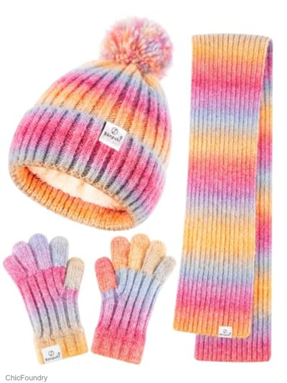Kids Winter Beanie Gloves Scarf Set with Pompom Fleece Lined Mittens